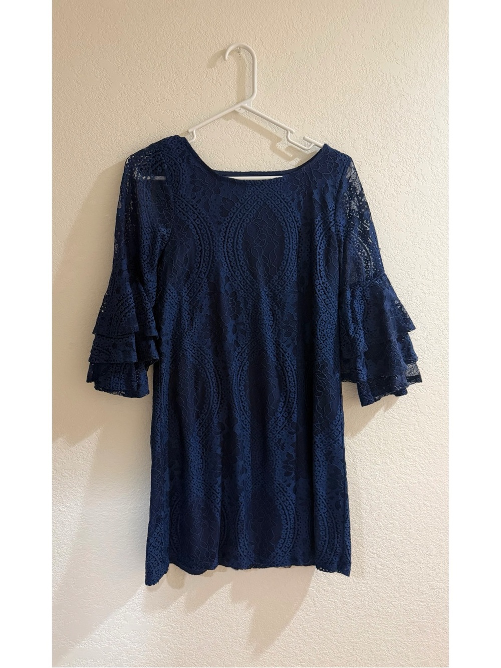 miami Navy Lace Tiered Bell-Sleeve Mini Dress